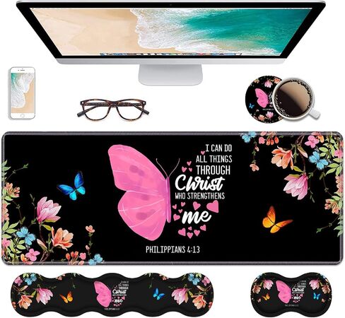 Ergonomic Keyboard Wrist Rest & Mouse Pad Wrist Rest Set,Large Gaming Desk Mat 31.5"x 11.8" with Memory Foam,Easy Typing Pain Relief for Home Office,Floral Butterfly Quote Bible Verse Philippians 4:13 in Kuwait