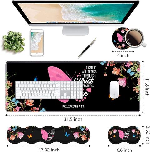 Ergonomic Keyboard Wrist Rest & Mouse Pad Wrist Rest Set,Large Gaming Desk Mat 31.5"x 11.8" with Memory Foam,Easy Typing Pain Relief for Home Office,Floral Butterfly Quote Bible Verse Philippians 4:13 in Kuwait