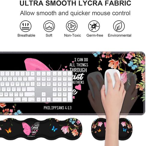 Ergonomic Keyboard Wrist Rest & Mouse Pad Wrist Rest Set,Large Gaming Desk Mat 31.5"x 11.8" with Memory Foam,Easy Typing Pain Relief for Home Office,Floral Butterfly Quote Bible Verse Philippians 4:13 in Kuwait