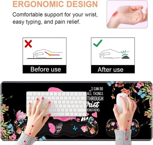 Ergonomic Keyboard Wrist Rest & Mouse Pad Wrist Rest Set,Large Gaming Desk Mat 31.5"x 11.8" with Memory Foam,Easy Typing Pain Relief for Home Office,Floral Butterfly Quote Bible Verse Philippians 4:13 in Kuwait
