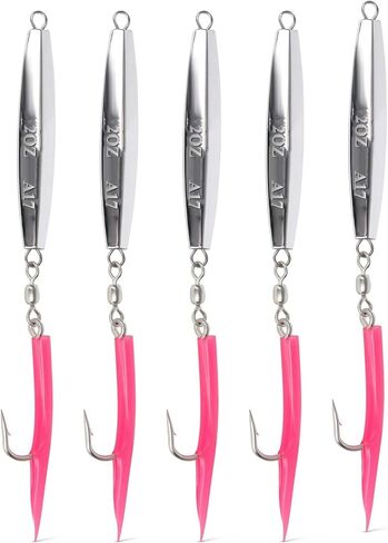 UMT 2oz Diamond Jigs Saltwater Fishing Lures 1, 5, 10 Pack Bulk Options, Green or Pink Rubber Teaser 6/0 Custom 4X Hook for Bluefish, Cod, Black Sea Bass, Grouper, Amberjack, Tuna in Kuwait