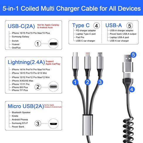 Coiled Multi Charging Cable 4FT [MFi Certified] 5 in 1 Coiled Charging Cable for Car Coiled Universal Charging Cable USB A/USB C to Lightning(Data, Carplay, 2.4A), Type-C(Charge), Micro USB(Charge) in Saudi Arabia