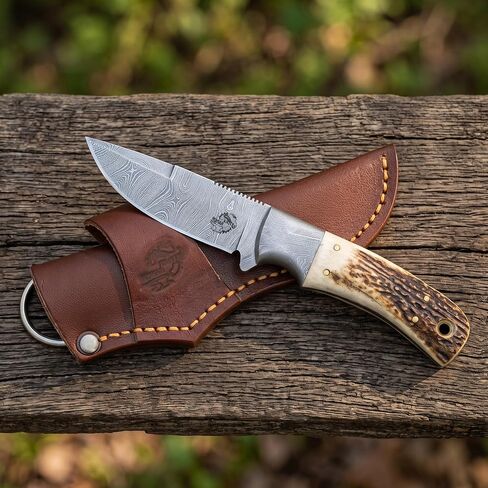 Knives Ranch All-Rounder Damascus Steel Hunting Knife, Handmade Bushcraft Camping Knife with Red Stag Antler Handle and Heavy-Duty Horizontal Carrying Cowboy Style Leather Sheath (2142-SG) in Saudi Arabia