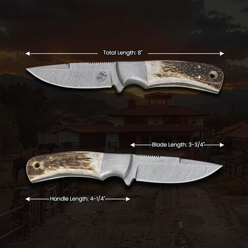 Knives Ranch All-Rounder Damascus Steel Hunting Knife, Handmade Bushcraft Camping Knife with Red Stag Antler Handle and Heavy-Duty Horizontal Carrying Cowboy Style Leather Sheath (2142-SG) in Saudi Arabia