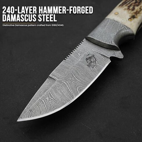 Knives Ranch All-Rounder Damascus Steel Hunting Knife, Handmade Bushcraft Camping Knife with Red Stag Antler Handle and Heavy-Duty Horizontal Carrying Cowboy Style Leather Sheath (2142-SG) in Saudi Arabia