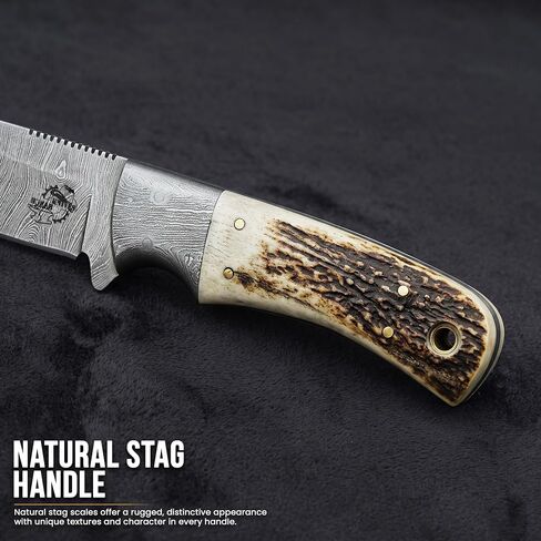 Knives Ranch All-Rounder Damascus Steel Hunting Knife, Handmade Bushcraft Camping Knife with Red Stag Antler Handle and Heavy-Duty Horizontal Carrying Cowboy Style Leather Sheath (2142-SG) in Saudi Arabia