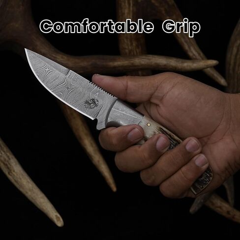 Knives Ranch All-Rounder Damascus Steel Hunting Knife, Handmade Bushcraft Camping Knife with Red Stag Antler Handle and Heavy-Duty Horizontal Carrying Cowboy Style Leather Sheath (2142-SG) in Saudi Arabia