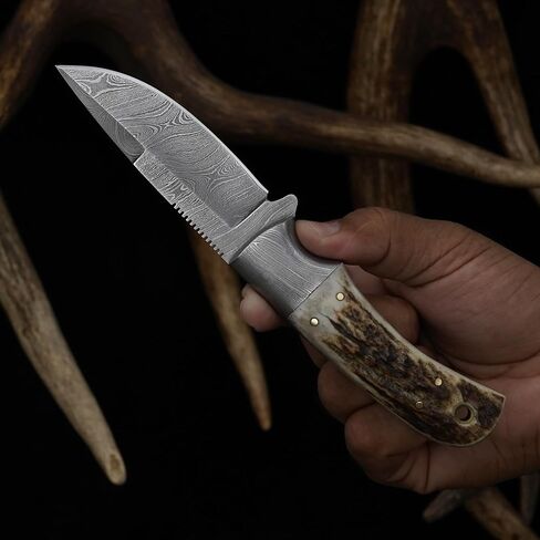 Knives Ranch All-Rounder Damascus Steel Hunting Knife, Handmade Bushcraft Camping Knife with Red Stag Antler Handle and Heavy-Duty Horizontal Carrying Cowboy Style Leather Sheath (2142-SG) in Saudi Arabia