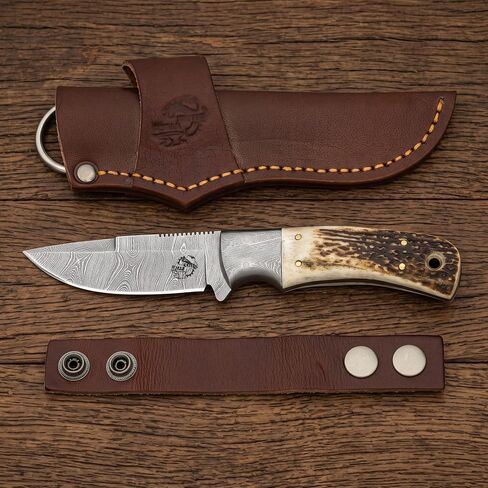Knives Ranch All-Rounder Damascus Steel Hunting Knife, Handmade Bushcraft Camping Knife with Red Stag Antler Handle and Heavy-Duty Horizontal Carrying Cowboy Style Leather Sheath (2142-SG) in Saudi Arabia