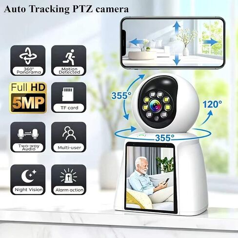3" Screen Indoor Security Camera,5MP HD Two-Way Video & Audio Calling,360° PTZ Auto,AI Motion Detection,Night Vision,24/7 Recording,2.4G WiFi Pet Dog Cat Baby Elderly Monitor,App Control in Kuwait