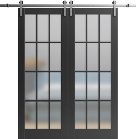 Sturdy Double Barn Door with | Felicia 3312 Matte Black with Frosted Glass | Stainless Steel 13FT Rail Hangers Heavy Set | Solid Panel Interior Doors in Saudi Arabia