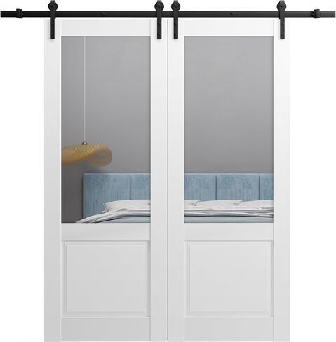 Sturdy Double Barn Door with | Lucia 1533 White Silk with Clear Glass | 13FT Rail Hangers Heavy Set | Solid Panel Interior Doors in Saudi Arabia