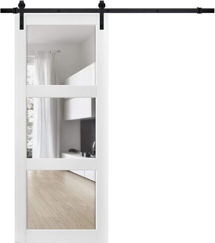 Sturdy Barn Door Clear Glass 3 Lites | Lucia 2555 Matte White | Top Mount 6.6FT Rail Hangers Heavy Hardware Set | Solid Panel Interior Doors in Saudi Arabia