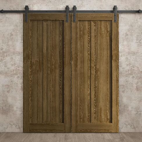 SARTODOORS Interior Modern Double Barn Door | Ego 5006 Cognac Oak | 13FT Rail Track Set | Solid Panel Interior Doors in Saudi Arabia