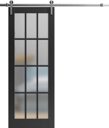 Sturdy Barn Door with Hardware | Felicia 3312 Matte Black with Frosted Glass | Stainless Steel 6.6FT Rail Hangers Heavy Set | Solid Panel Interior Doors in Saudi Arabia
