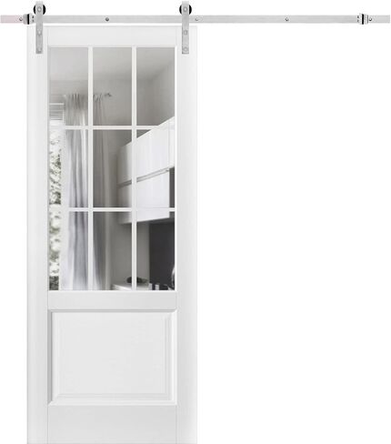 Sturdy Barn Door with Hardware | Felicia 3599 White Silk with Clear Glass | Stainless Steel 6.6FT Rail Hangers Heavy Set | Solid Panel Interior Doors in Saudi Arabia