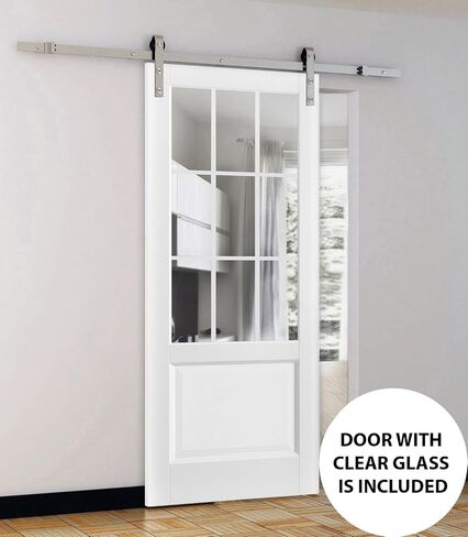Sturdy Barn Door with Hardware | Felicia 3599 White Silk with Clear Glass | Stainless Steel 6.6FT Rail Hangers Heavy Set | Solid Panel Interior Doors in Saudi Arabia