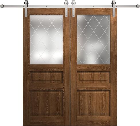 SARTODOORS Interior Modern Double Barn Door | Ego 5011 Cognac Oak | 13FT Rail Track Set | Solid Panel Interior Doors in Saudi Arabia
