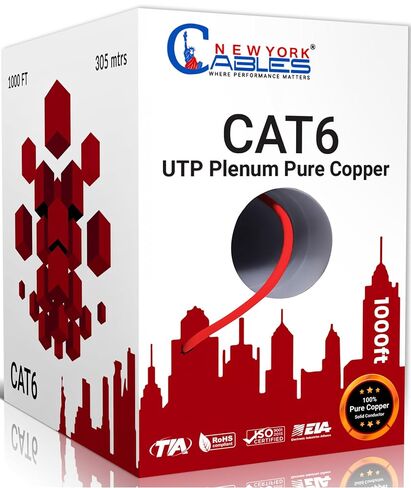 NewYork Cables CAT6 Plenum Cable 1000ft | 100% Pure Copper, UTP, 550MHz, 23AWG, 4Pair 10GB Ethernet Cable, Certified CMP-Rated Bulk Cat 6 for Networking & Gaming (1000ft, Pure Copper,White) in Kuwait