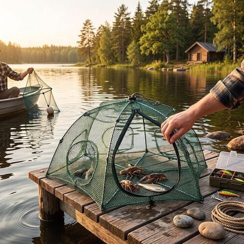 Folding Fishing Net Kayak Accessories Automatic Fish Cast Mesh Crab Trap 6 Holes for Minnow Crawfish Shrimp Crayfish in Kuwait