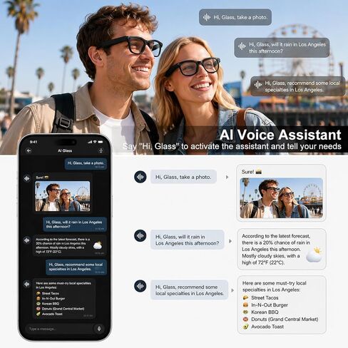 AI Smart Glasses with 8MP Camera, 4K HD Anti-Shake Video & Photo Capture, Real Time Translation, AI Voice Assistant, Open-Ear Bluetooth Audio, AI Recording Glasses for Travel/Vlog/Work in Saudi Arabia