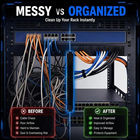 Zonon 2 Pack 1u Brush Strip Cable Management Panel, 19-inch Rack Mount Pass-Through Organizer for Server Racks/enclosures, Airflow Management & Dust Seal, Cold Rolled Steel, Black in Kuwait