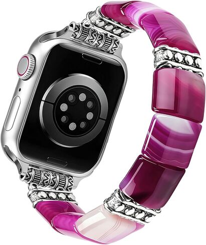 Newlibery Natural Agate Beaded Band for Women Compatible with Apple Watch 38/40/41/42mm (S10/11), Handmade Fancy Boho Gemstone Bracelet Stretch Strap for iWatch Series 11/10/9/8/7/6/5/4/3/2/1/SE Gift in Saudi Arabia