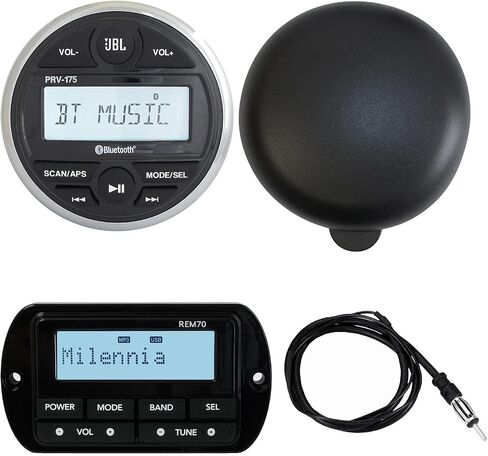 Gauge Style Bluetooth Marine AM/FM/WB Tuner Digital Media Stereo Receiver Bundle with Protective Boat Radio Cover, Wired Remote Control, 22" Wired Radio Reception Antenna in Kuwait