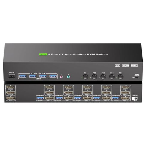 HDMI + DP KVM Switch 3 Monitors 5 Computers, 2K240Hz/8K60Hz/4K120 Triple Monitor KVM Switches for 5 Computers Sharing 3 Monitors, Keyboard and Mouse Audio,with USB Cables,Controller and Power Adapter in Saudi Arabia