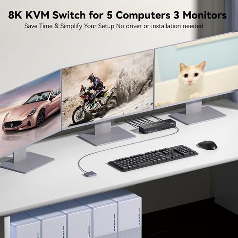 HDMI + DP KVM Switch 3 Monitors 5 Computers, 2K240Hz/8K60Hz/4K120 Triple Monitor KVM Switches for 5 Computers Sharing 3 Monitors, Keyboard and Mouse Audio,with USB Cables,Controller and Power Adapter in Saudi Arabia