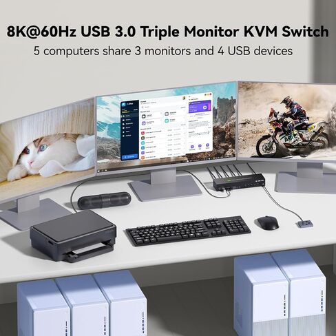 HDMI + DP KVM Switch 3 Monitors 5 Computers, 2K240Hz/8K60Hz/4K120 Triple Monitor KVM Switches for 5 Computers Sharing 3 Monitors, Keyboard and Mouse Audio,with USB Cables,Controller and Power Adapter in Saudi Arabia