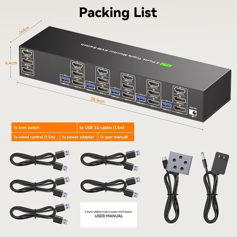 HDMI + DP KVM Switch 3 Monitors 5 Computers, 2K240Hz/8K60Hz/4K120 Triple Monitor KVM Switches for 5 Computers Sharing 3 Monitors, Keyboard and Mouse Audio,with USB Cables,Controller and Power Adapter in Saudi Arabia
