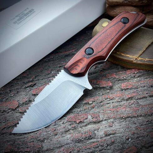 EDC Small Fixed Blade Hunting Knife with Leather Sheath, Full Tang 2.56" 8Cr13Mov Steel, Stable Wooden Handle Camp & Bushcraft Knife for Men & Women (120 Grams) in Kuwait