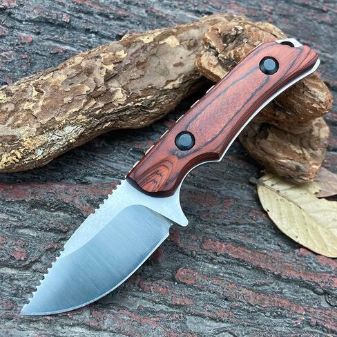 EDC Small Fixed Blade Hunting Knife with Leather Sheath, Full Tang 2.56" 8Cr13Mov Steel, Stable Wooden Handle Camp & Bushcraft Knife for Men & Women (120 Grams) in Kuwait