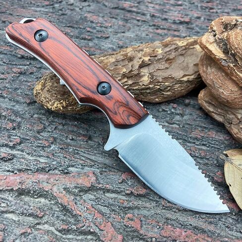 EDC Small Fixed Blade Hunting Knife with Leather Sheath, Full Tang 2.56" 8Cr13Mov Steel, Stable Wooden Handle Camp & Bushcraft Knife for Men & Women (120 Grams) in Kuwait