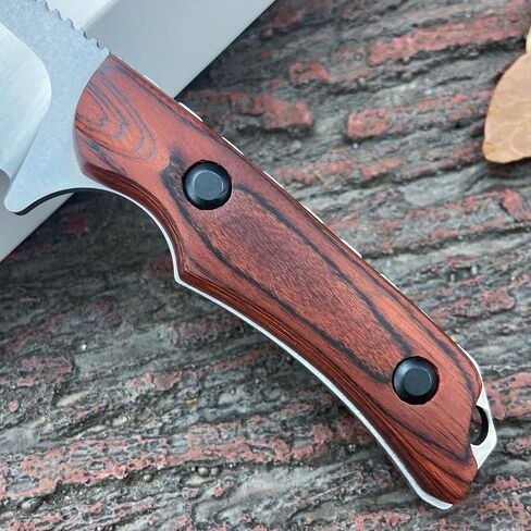 EDC Small Fixed Blade Hunting Knife with Leather Sheath, Full Tang 2.56" 8Cr13Mov Steel, Stable Wooden Handle Camp & Bushcraft Knife for Men & Women (120 Grams) in Kuwait