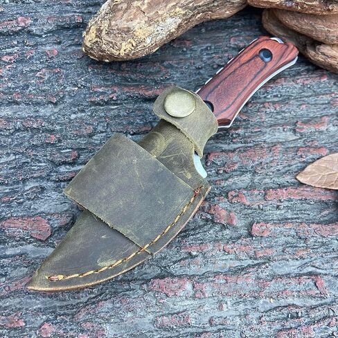 EDC Small Fixed Blade Hunting Knife with Leather Sheath, Full Tang 2.56" 8Cr13Mov Steel, Stable Wooden Handle Camp & Bushcraft Knife for Men & Women (120 Grams) in Kuwait