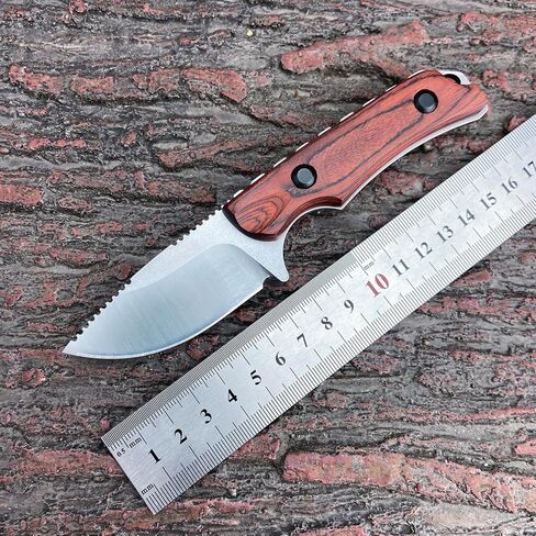 EDC Small Fixed Blade Hunting Knife with Leather Sheath, Full Tang 2.56" 8Cr13Mov Steel, Stable Wooden Handle Camp & Bushcraft Knife for Men & Women (120 Grams) in Kuwait
