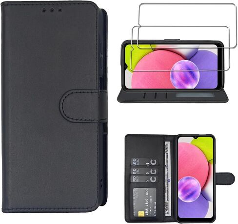 Compatible with for Galaxy A07 Wallet Case [2 Pack] Tempered Glass Screen Protector, Leather Flip Credit Card Holder Stand Phone Cover， for Samsung Galaxy A07 Case Black in Kuwait