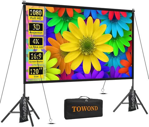TOWOND Projector Screen with Stand,120 inches Indoor Projector Screen Outdoor Portable 16:9 4K HD Rear Front Projection Movie Screen with Carry Bag Wrinkle-Free Design for Backyard Theater in Kuwait