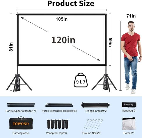 TOWOND Projector Screen with Stand,120 inches Indoor Projector Screen Outdoor Portable 16:9 4K HD Rear Front Projection Movie Screen with Carry Bag Wrinkle-Free Design for Backyard Theater in Kuwait