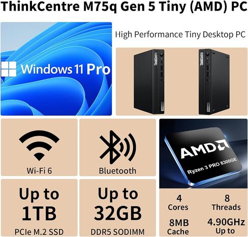 Lenovo ThinkCentre M75q Tiny Business Desktop, AMD 4-Core Ryzen 3 8300GE, Customized 16GB-32GB RAM, 256GB-1TB SSD, Support 2-Monitor 4K, HDMI, DP, Wi-Fi 6, Wired KB & Mouse, Windows 11 Pro in Kuwait
