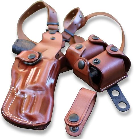 Masc Premium Leather Vertical Shoulder Holster System with Double Speed Loader Pouch, Fits Judge (2-1/2'' cyl) 410GA/45LC Polymer 2-inch, Right Hand Draw, Brown Color #1164# in Kuwait