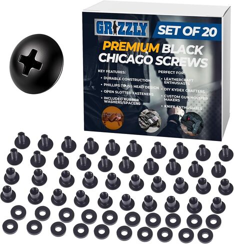 Grizzly Black Chicago Screws, 1/4 Inch for Leather/Kydex Gun Holsters/Clips and Knife Sheaths, Phillips Truss Heads and Open Slotted Fasteners with Rubber Washers/Spacers in Kuwait