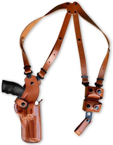 Masc Premium Leather Vertical Shoulder Holster System with Double Speed Loader Pouch, Fits Model 686 6RD 4-inch, Right Hand Draw, Brown Color #1095# in Kuwait