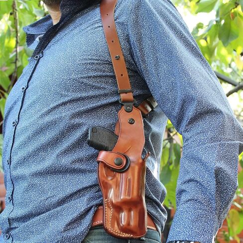 Masc Premium Leather Vertical Shoulder Holster System with Double Speed Loader Pouch, Fits Model 686 6RD 4-inch, Right Hand Draw, Brown Color #1095# in Kuwait