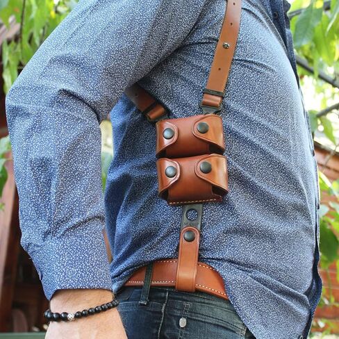 Masc Premium Leather Vertical Shoulder Holster System with Double Speed Loader Pouch, Fits Model 686 6RD 4-inch, Right Hand Draw, Brown Color #1095# in Kuwait