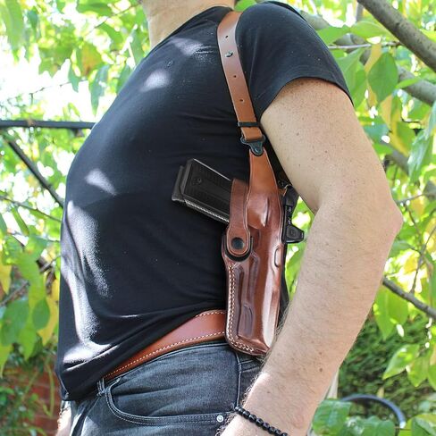 Masc Optic Ready/Red Dot Compatible Premium Leather Vertical Shoulder Holster System with Double Magazine Carrier – Fits Kimber-Type 1911 W/Out Rail 9/45ACP 5-inch, RH Draw, Brown #1111# in Kuwait