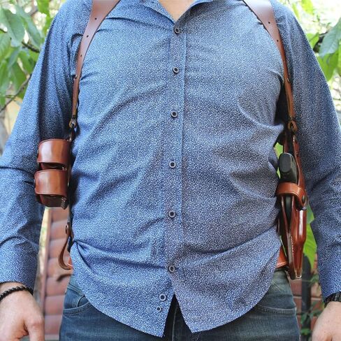 Masc Premium Leather Vertical Shoulder Holster System with Double Speed Loader Pouch Fits N-Frame 44 Model 29/629 Classic 4-inch, Right Hand Draw, Brown Color #1259# in Kuwait