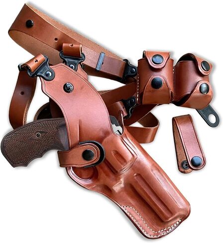 Masc Premium Leather Vertical Shoulder Holster System with Double Speed Loader Pouch Fits N-Frame 44 Model 29/629 Classic 4-inch, Right Hand Draw, Brown Color #1259# in Kuwait